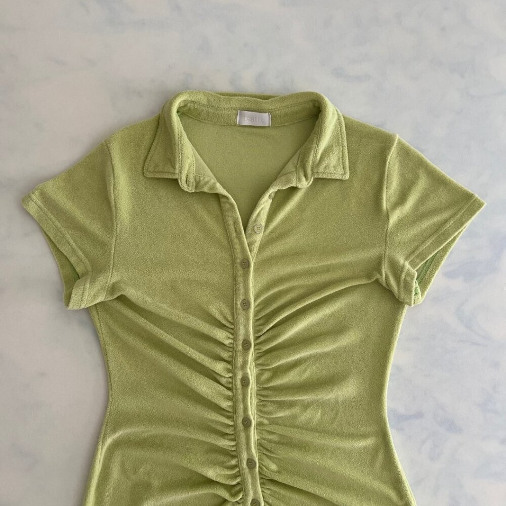 Isalis Green Retro Terry Cloth Button Up Short Sleeve Dress Cover Up - Picture 3 of 6